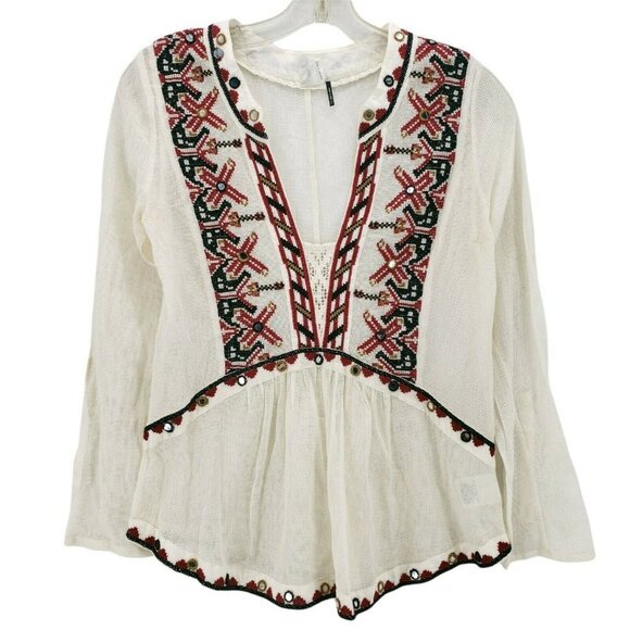 Anthropologie Akemi + Kin Ibis Cream Embroidered Peasant Top Blouse Boho SMALL - Picture 1 of 9